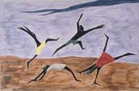 Four African Amercian children turning cartwheels